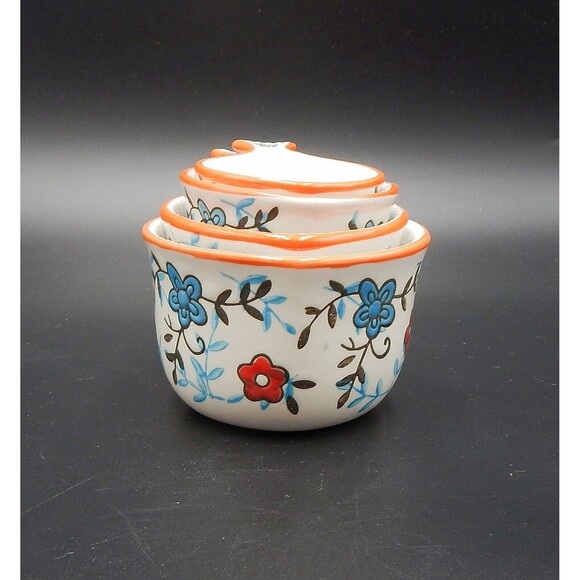 Dutch Wax Floral Measuring Cups Set Hand-Painted Ceramic Multi-Colored S/4 - Picture 2 of 7